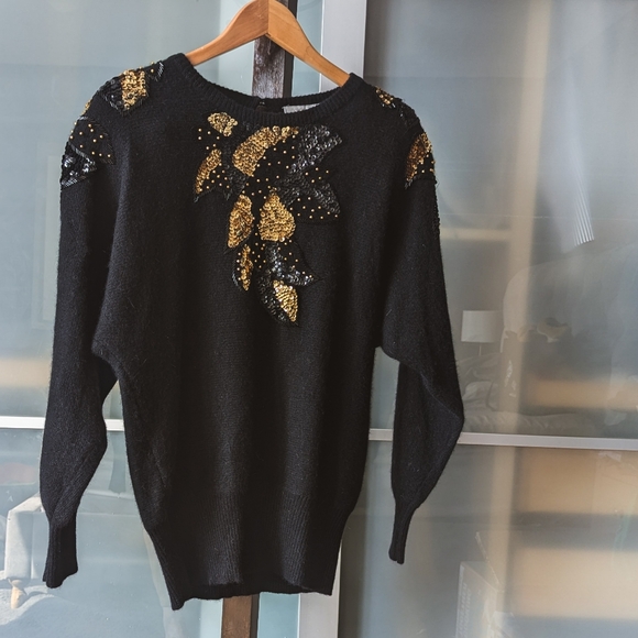 📼Vintage 80s Jane Ashley Black Lamb Wool & Angora Sequined Sweater - Small - Picture 1 of 14